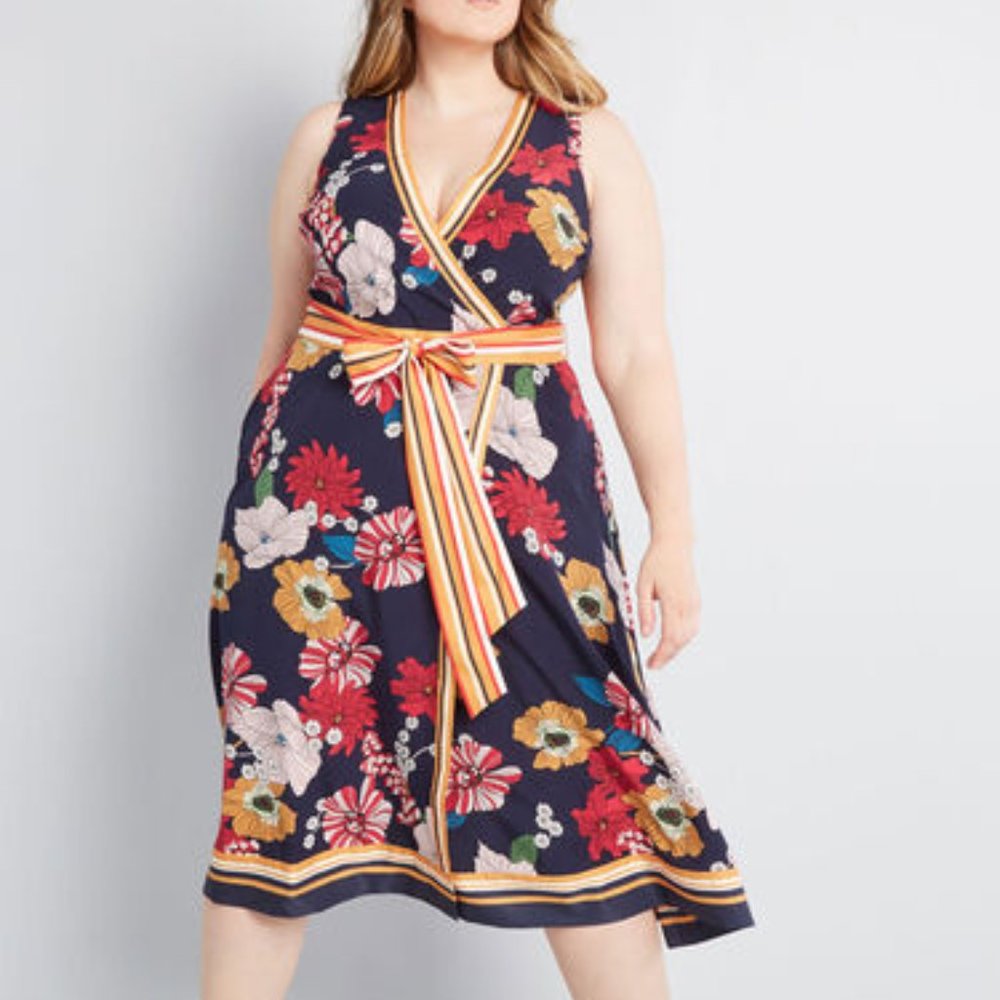 Modcloth Faux Wrap Dress Colorful Floral Print NWT